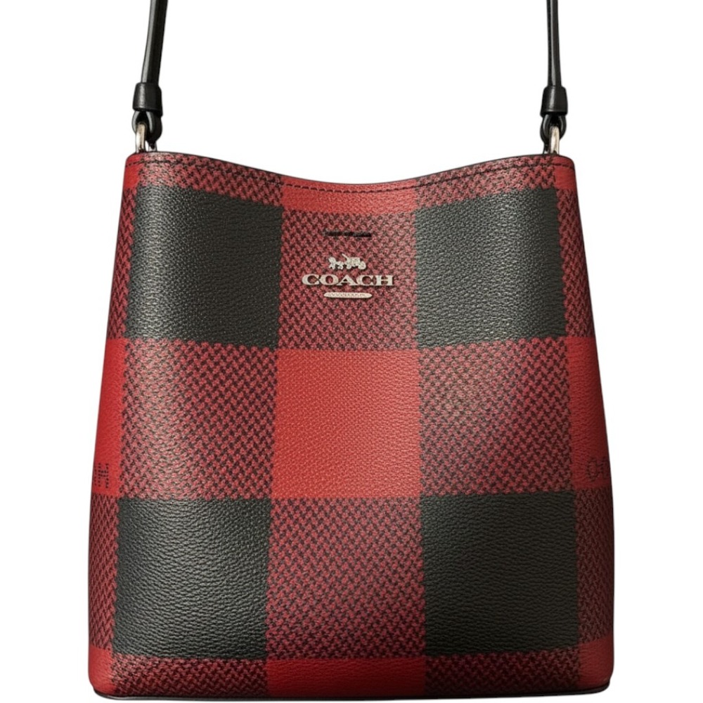 Coach Mini Town Bucket Bag Red Black Buffalo Plaid Crossgrain Leather Crossbody